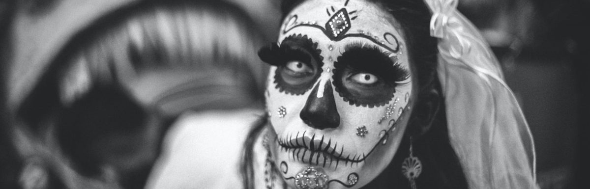 greyscale photo of day of the dead corpse bride
